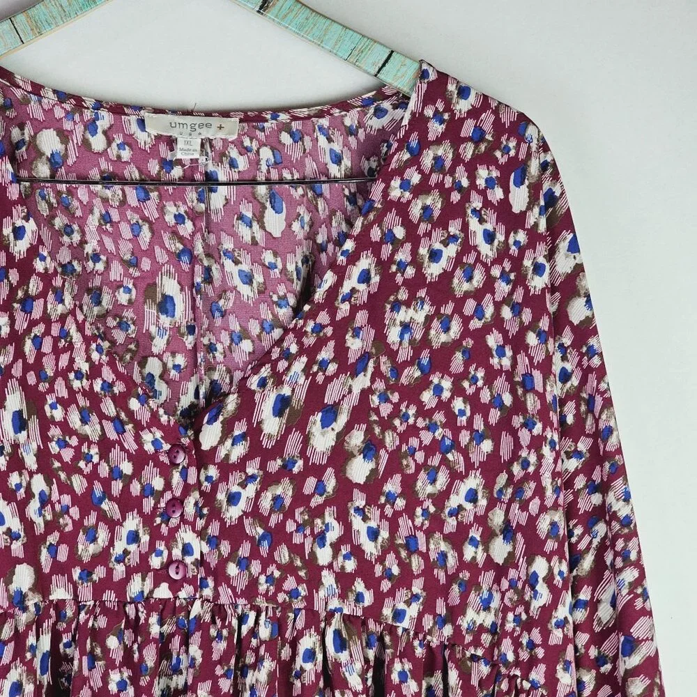 Umgee Plus Wine Mix Animal Print Silky Baby Doll w/ Pockets Long Sleeve Dress 1X - Picture 4 of 8